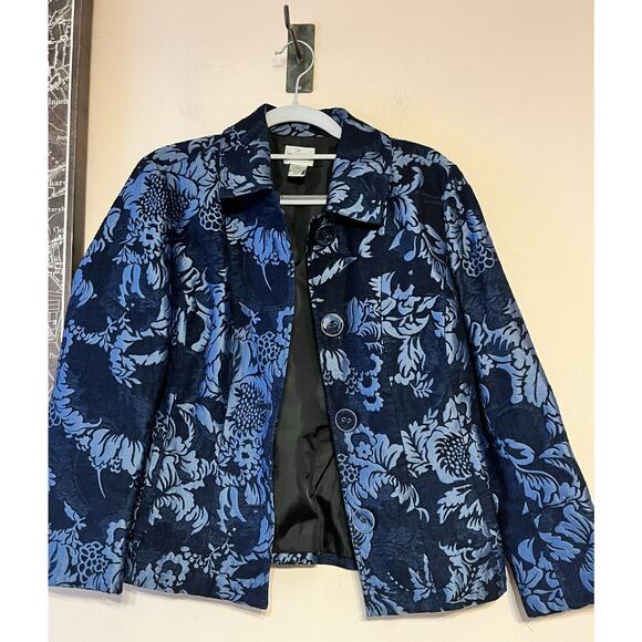 CHICOS Stefi Jacquard Brocade Jacket •0/ XS• Navy Blue 3/4 Blazer Coat Steffi - Picture 2 of 7